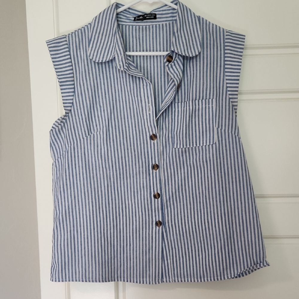Groove Women's Striped Button Down Shirt - Blue and White - Picture 2 of 5